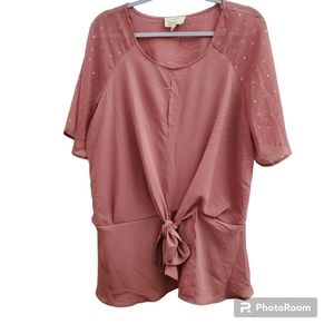 Flower & Feather Pink Flowy Top 2XL waist tie gold dot sheer sleeves plus